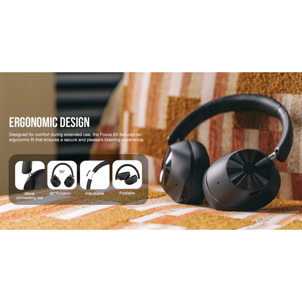 ONEODIO headphones Focus A5, ενσύρματα & ασύρματα, Hybrid ANC, 40mm, 600mAh, μαύρο - Image 8