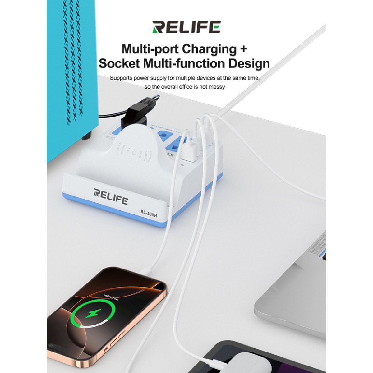 RELIFE σταθμός φόρτισης RL-309H, USB/3x USB-C/3x DC/wireless, 72W, λευκός - Image 2