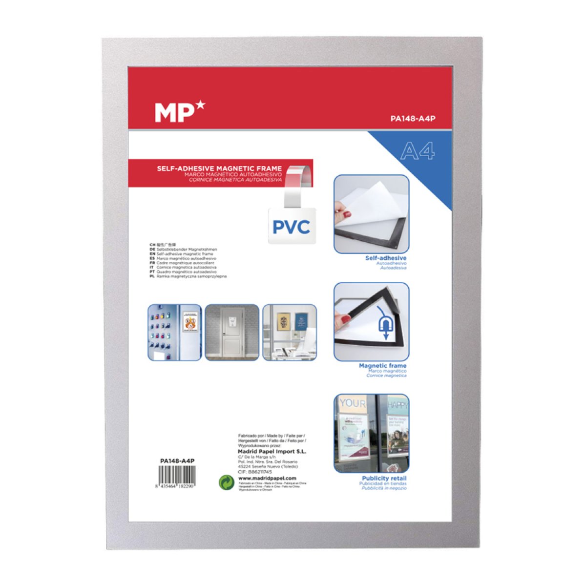PA148-A4P MP αυτοκόλλητη θήκη ανακοινώσεων A4 PA148 με μαγνητικό πλαίσιο, ασημί - Image 1