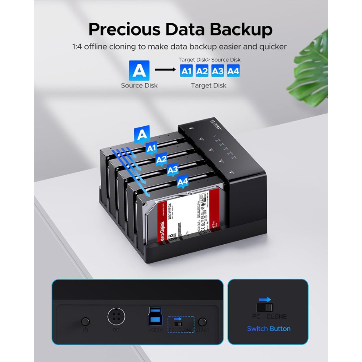 ORICO docking station για 2.5" ή 3.5" SATA HDD/SSD 6558US3-C, 5 θέσεων, 5Gbps, clone function, μαύρο - Image 3