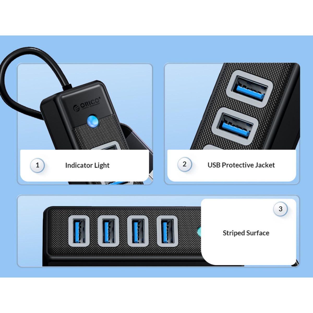 ORICO USB hub PW4U-C3, 4x θυρών, USB 3.0, 5Gbps, USB-C σύνδεση, μαύρο - Image 4