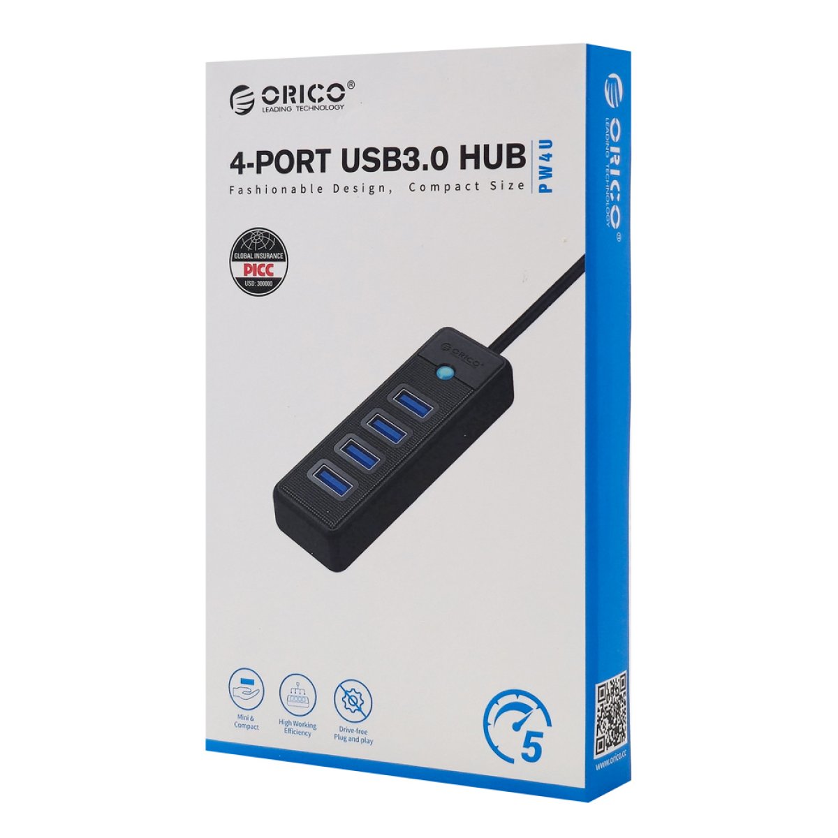 ORICO USB hub PW4U-C3, 4x θυρών, USB 3.0, 5Gbps, USB-C σύνδεση, μαύρο - Image 5