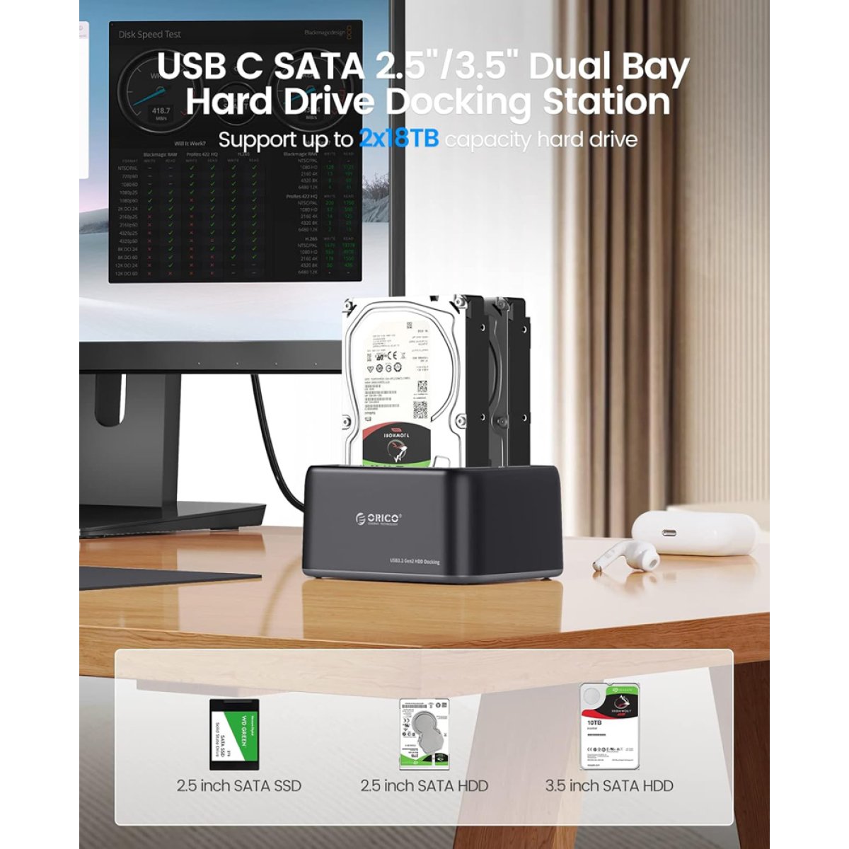 ORICO docking station για 2.5" ή 3.5" SATA HDD/SSD 6829C3-V1, 2 θέσεων, 5Gbps, μαύρο - Image 2