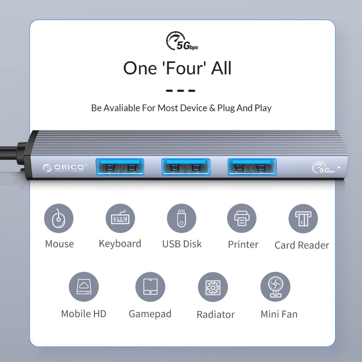 ORICO USB hub AH-13, 4x θυρών, USB 3.0, 5Gbps, USB-C σύνδεση, γκρι - Image 3