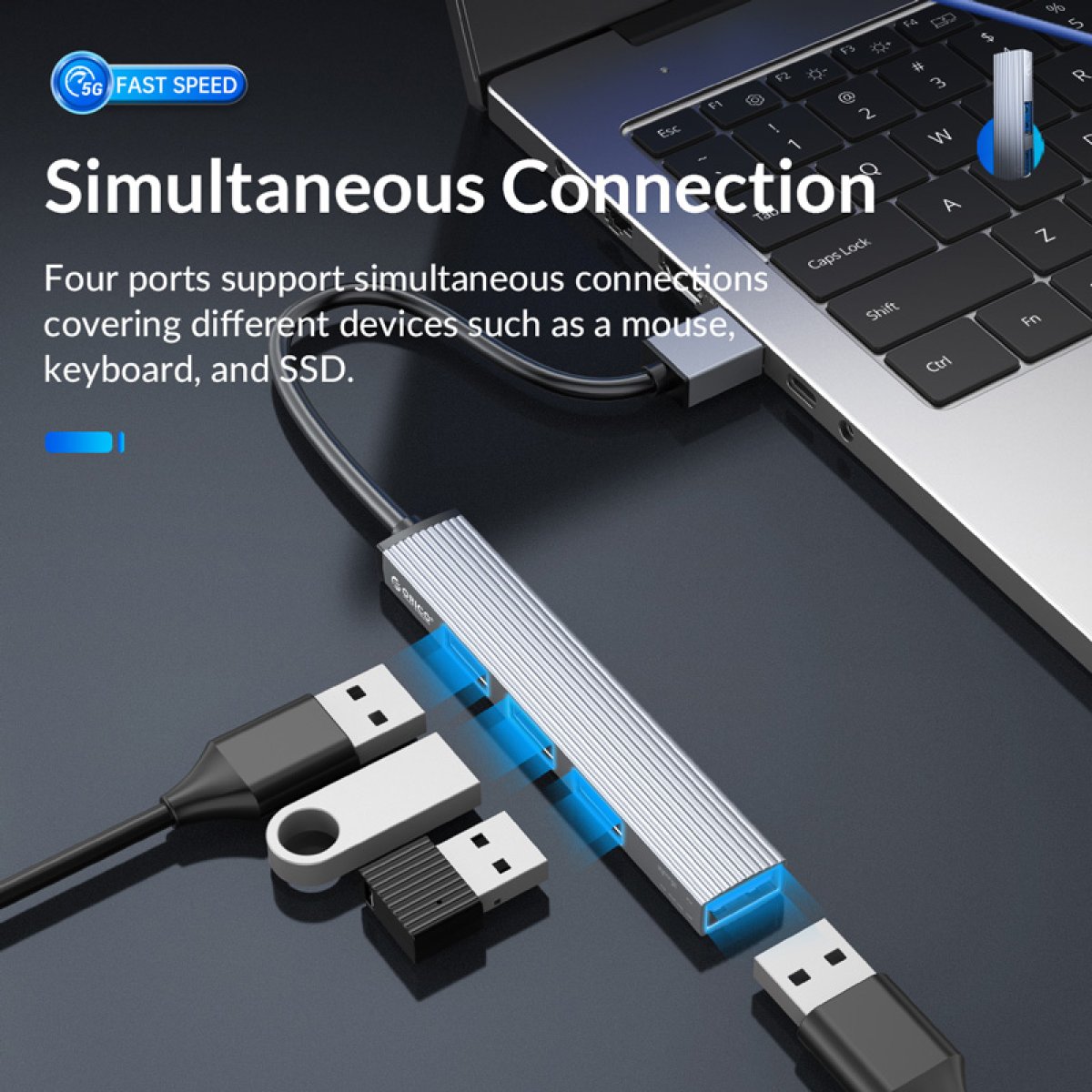 ORICO USB hub AH-A13, 4x θυρών, USB 3.0, 5Gbps, USB σύνδεση, γκρι - Image 2