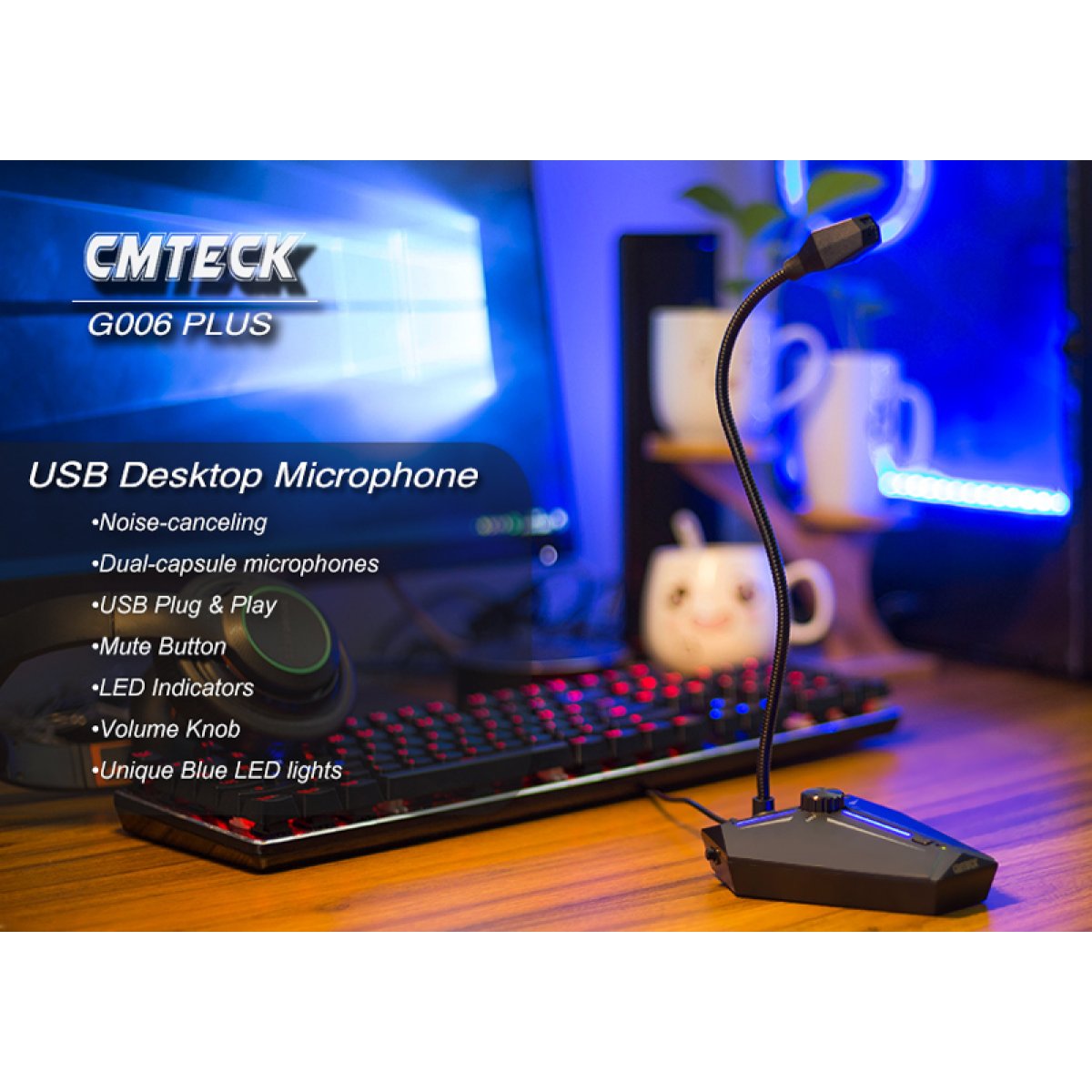 G006PLUS-1 CMTECK επιτραπέζιο μικρόφωνο G006Plus με εύκαμπτο βραχίονα, omnidirectional, USB, μαύρο - Image 2