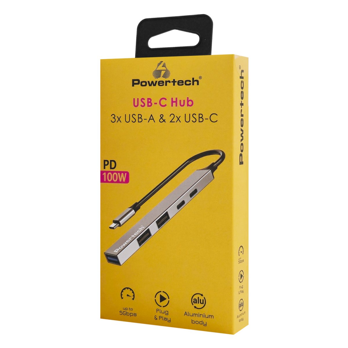 PT-1414-1 POWERTECH USB hub PT-1414, 5x θυρών, USB 3.2, 5Gbps, 100W, USB-C σύνδεση, γκρι - Image 2