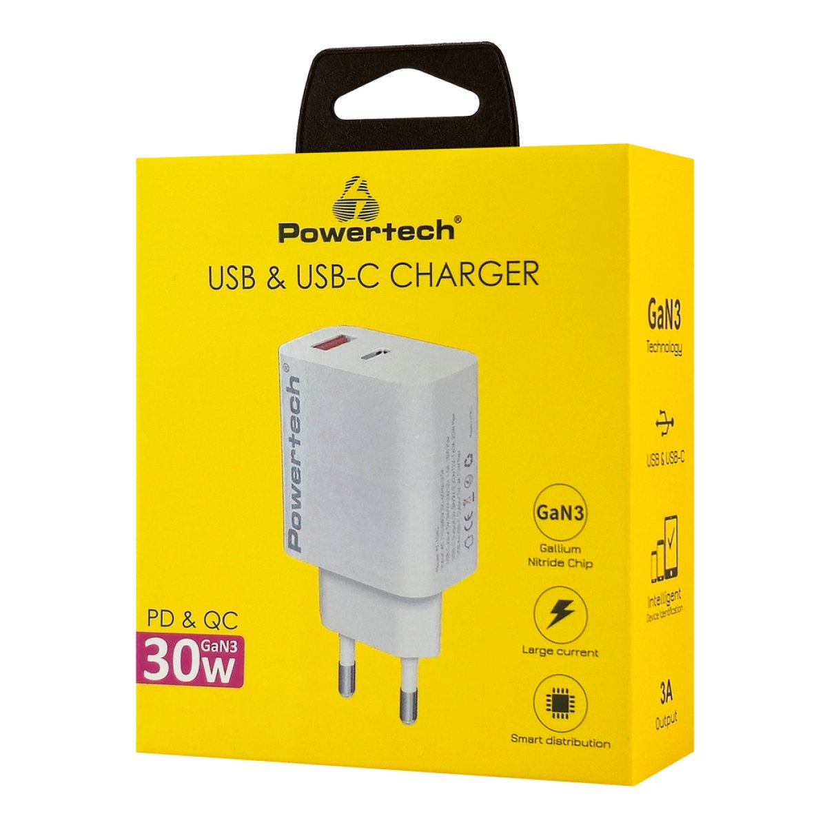 POWERTECH φορτιστής τοίχου PT-1433, USB/USB-C, 30W, GaN, λευκός - Image 2
