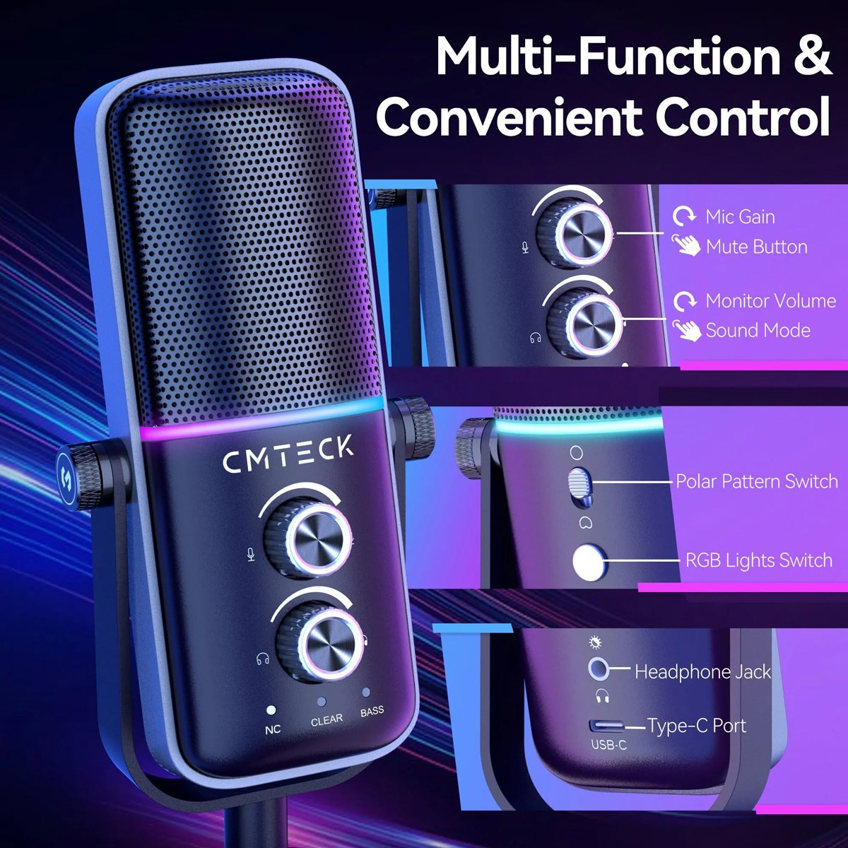 XM600-5 CMTECK επιτραπέζιο μικρόφωνο XM600, omnidirectional/καρδιοειδές, USB, RGB LED, μαύρο - Image 6