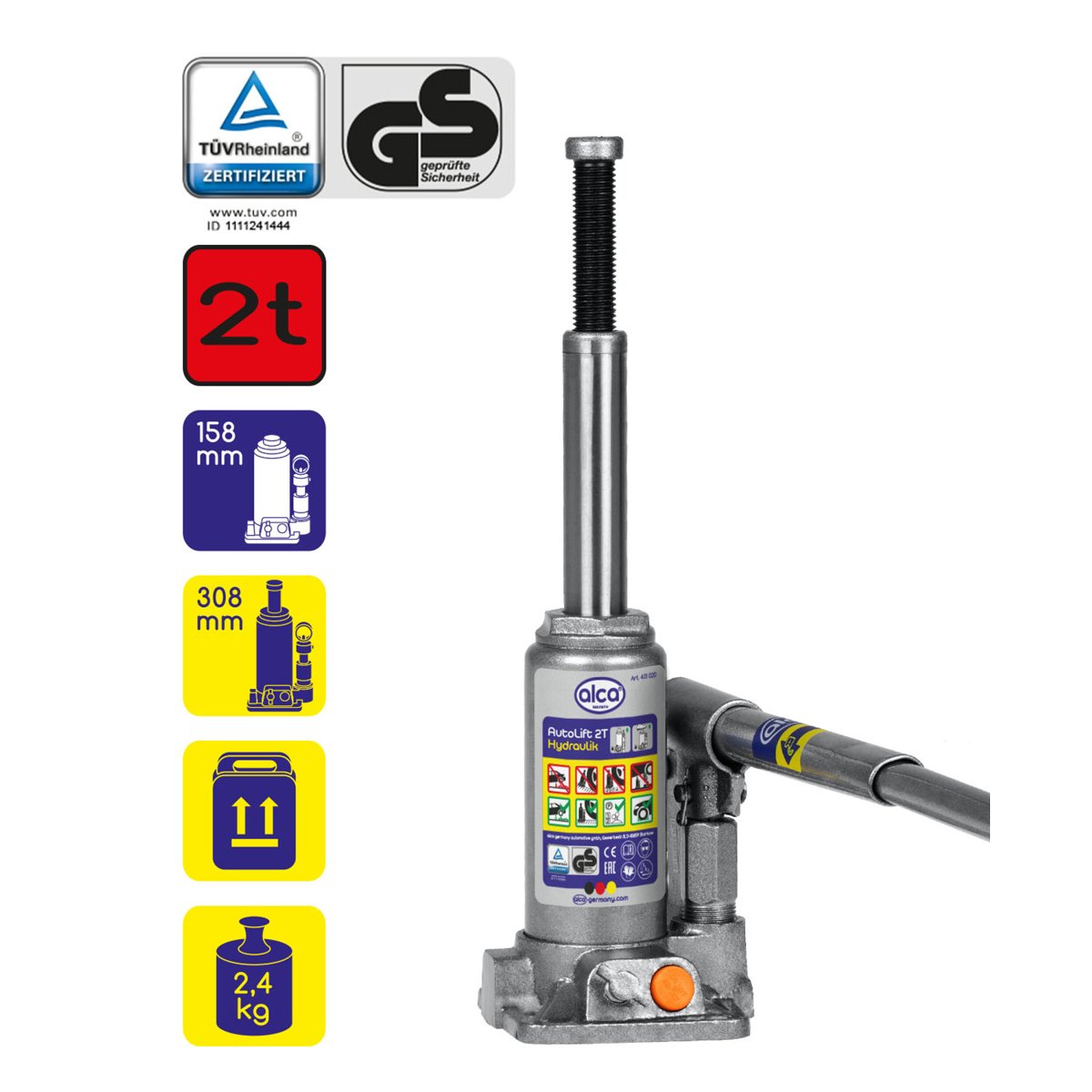 431020-2 ALCA υδραυλικός γρύλος μπουκάλας 431020, έως 2 τόνοι, 31cm - Image 3