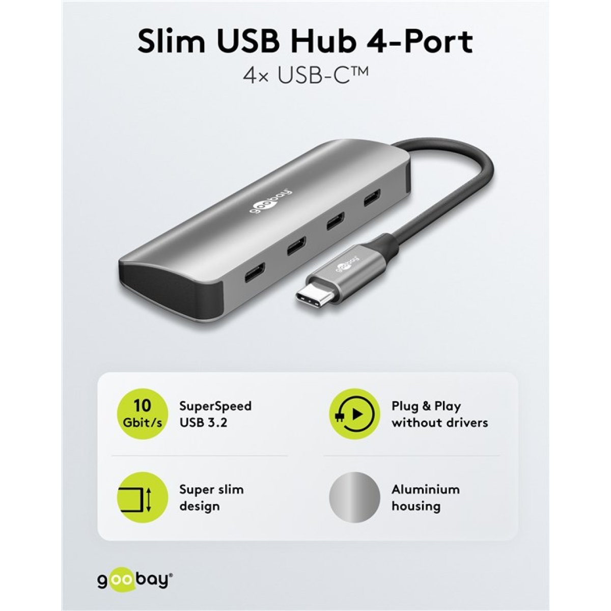GOOBAY USB hub 76565, 4x θυρών, USB 3.2, 10Gbps, USB-C σύνδεση, γκρι - Image 2