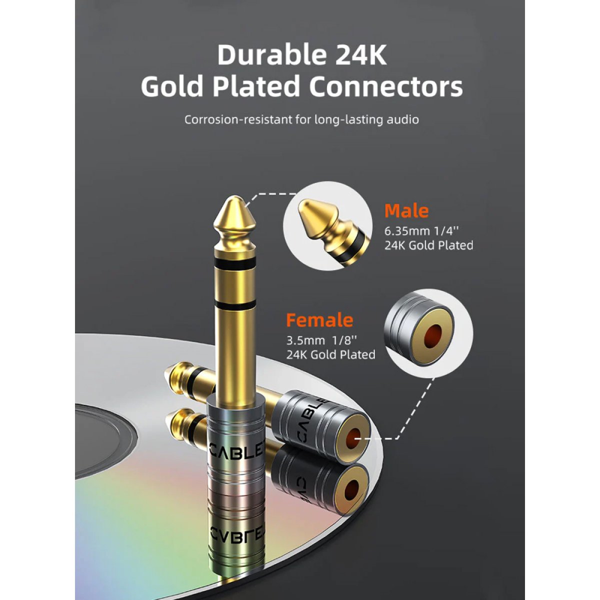 CT-6M3F-AG-5 CABLETIME αντάπτορας ήχου 6.3mm σε 3.5mm CT-6M3F-AG, gold plated, γκρι - Image 6