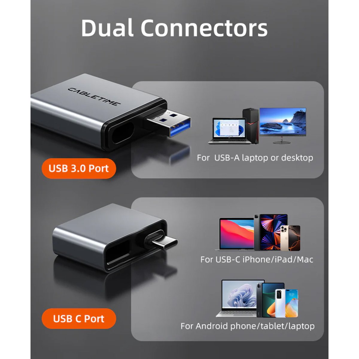 CABLETIME card reader CT-ACCD3-AG για SD & micro SD, USB 3.0, 5Gbps, γκρι - Image 2