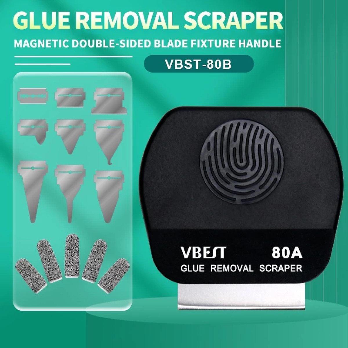 BEST εργαλείο αφαίρεσης κόλλας VBST-80B με 9x λεπίδες & 5x finger sleeves, για επισκευές κινητών - Image 3